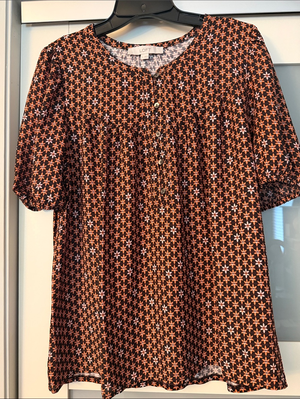 LOFT Women's Black and Orange Printed Short-Sleeve Mixed Media Blouse